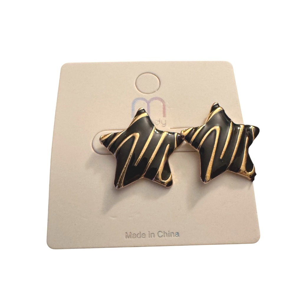 NWT Muddy Star Stud Earrings Black Gold Swirl Enamel Celestial Jewelry